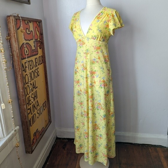 Vintage Maxi Deep V-Neck Yellow Floral Slip Dress - Picture 1 of 13